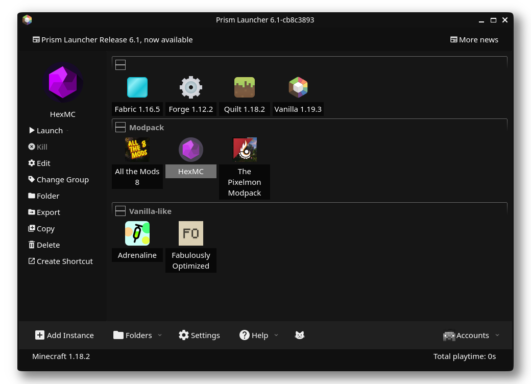 Prism Launcher screenshot showing a themed user-interface