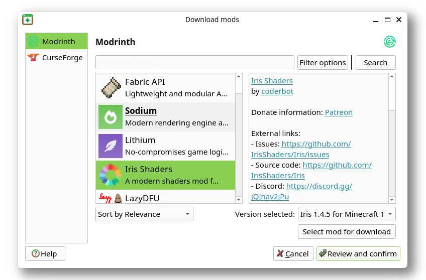 Prism Launcher screenshot showing the mod installation user-interface